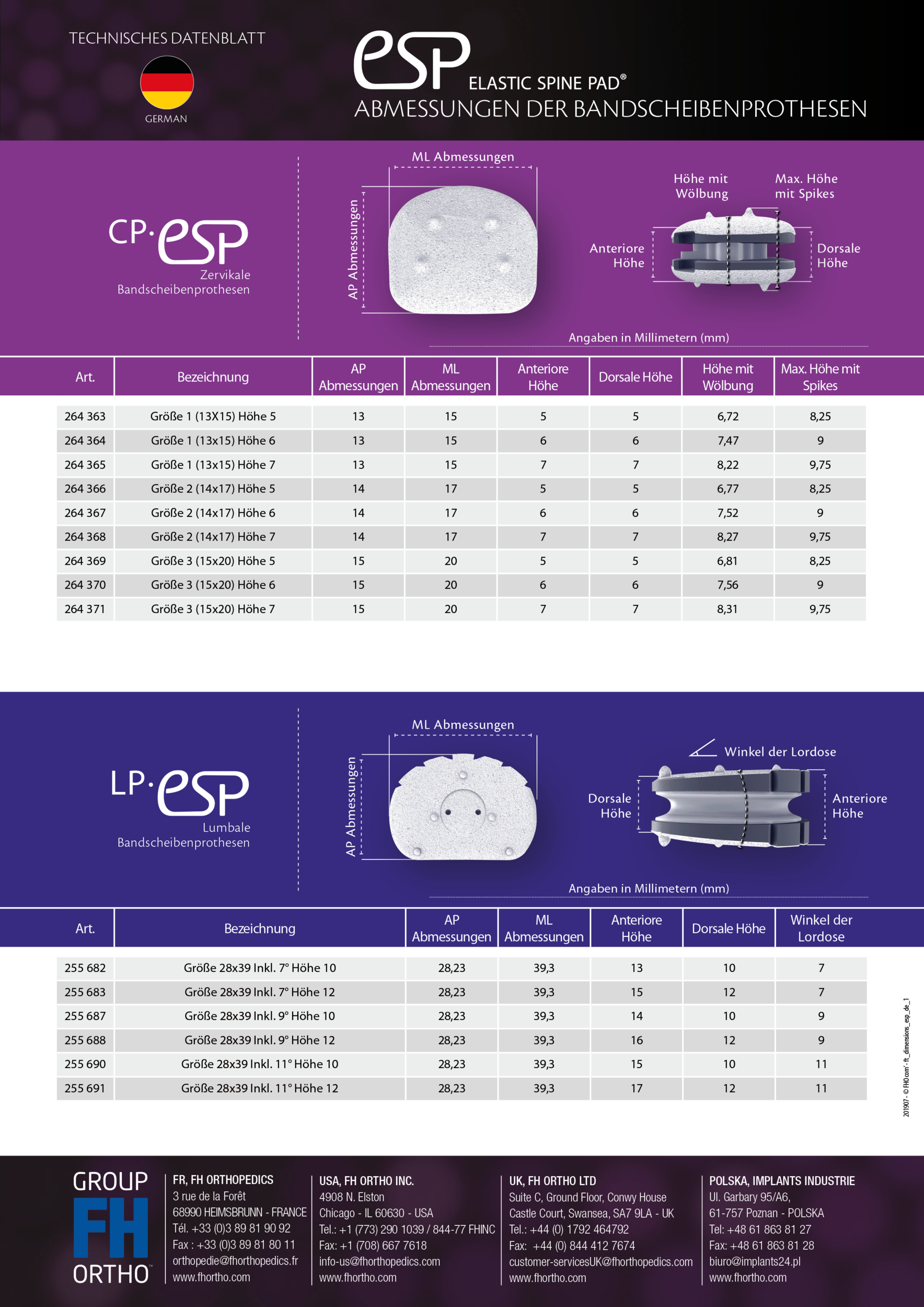 Via4Spine - ESP - Technisches Datenblatt Abmessungen der ESP-Prothesen